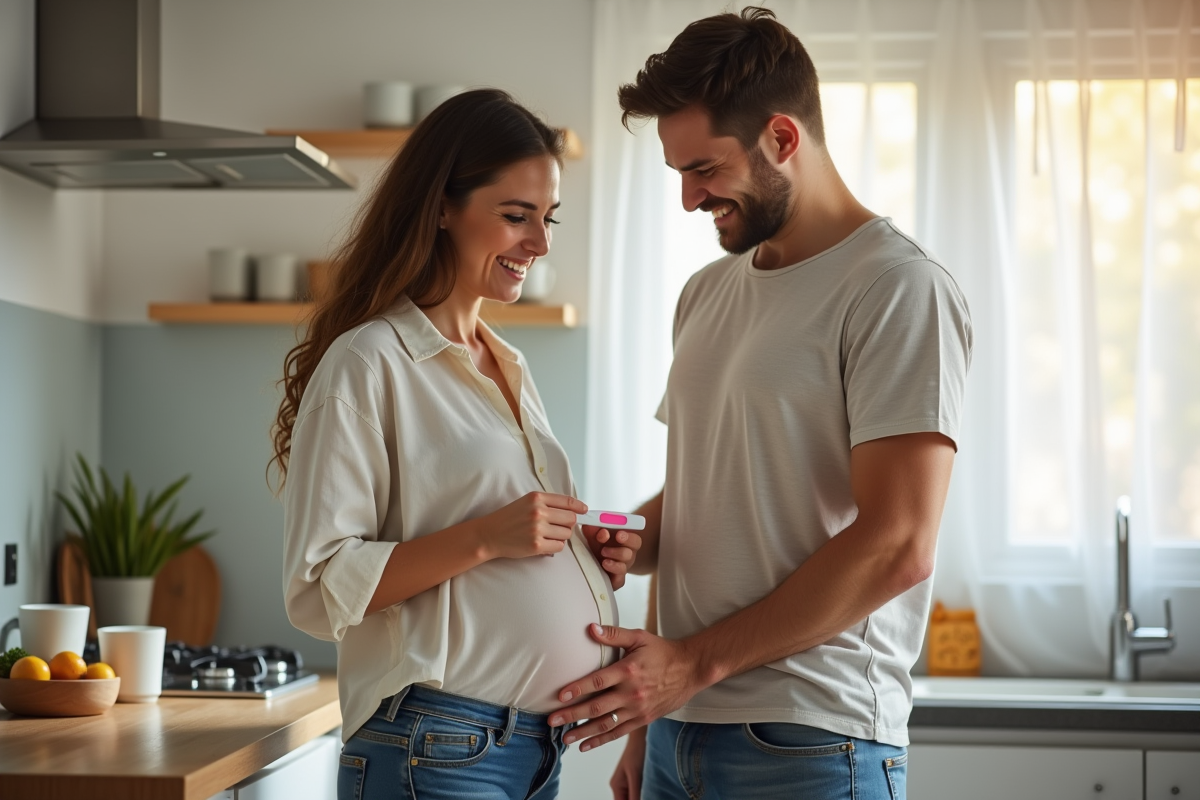 Jeune couple surpris regardant un test de grossesse positif