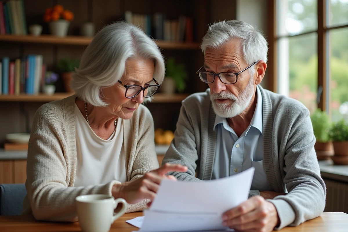 Couple de retraités consultant des documents d'assurance Groupama à la table de leur cuisine