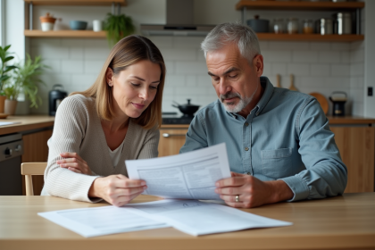 Couple discutant de documents d'assurance santé à la maison