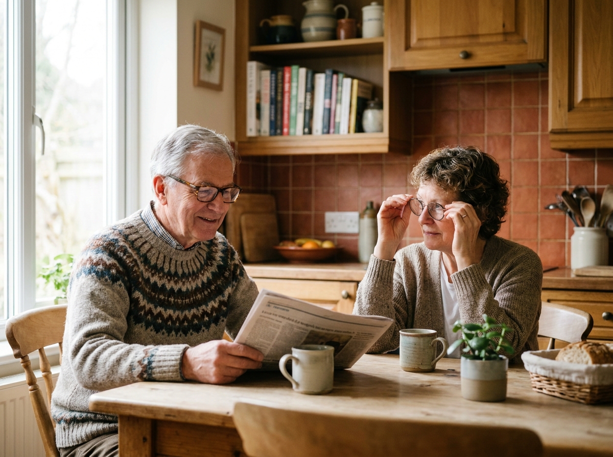Un couple de seniors portant leurs nouvelles lunettes à la maison, lisant ensemble dans une cuisine conviviale et chaleureuse