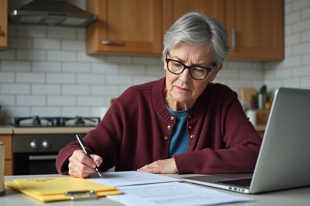 Femme remplissant un dossier de demande d'aides MDPH à domicile avec des documents administratifs organisés
