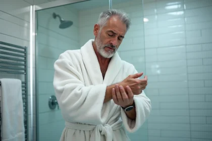 Homme en robe de chambre se grattant le bras avec inquiétude après une douche chaude dans une salle de bain
