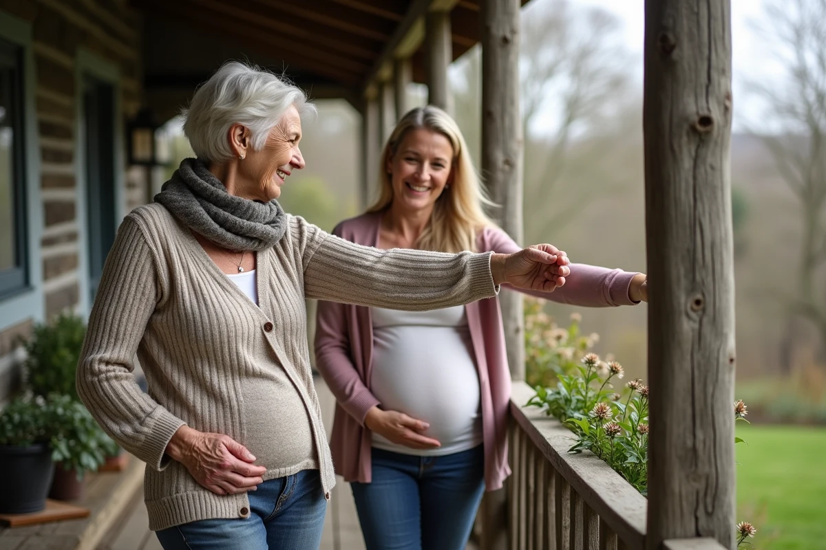 Femme &acirc;g&eacute;e montrant un &eacute;tirement &agrave; une femme enceinte sur la terrasse