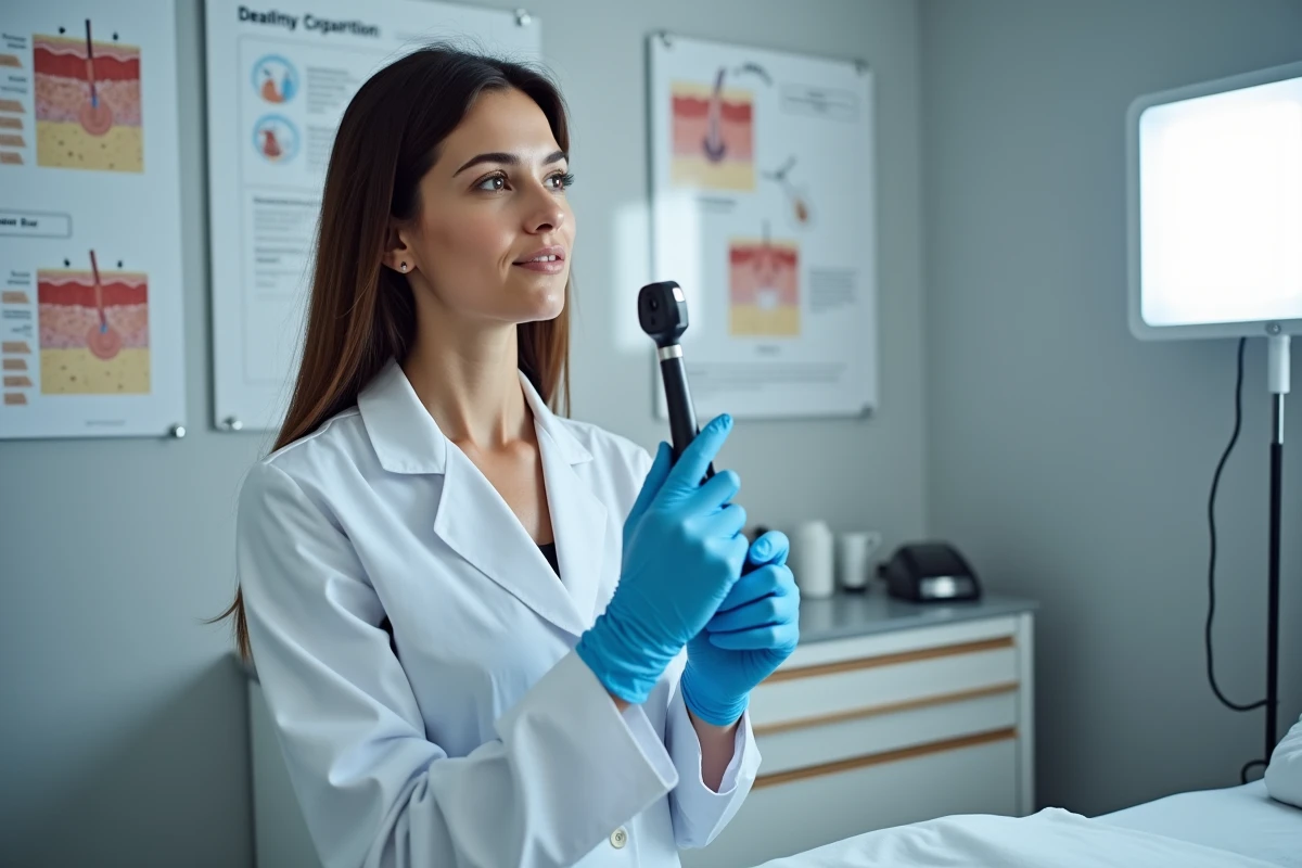 Dermatologue en consultation tenant un dermatoscope, spécialiste des solutions durables contre les poils incarnés récurrents sur le pubis