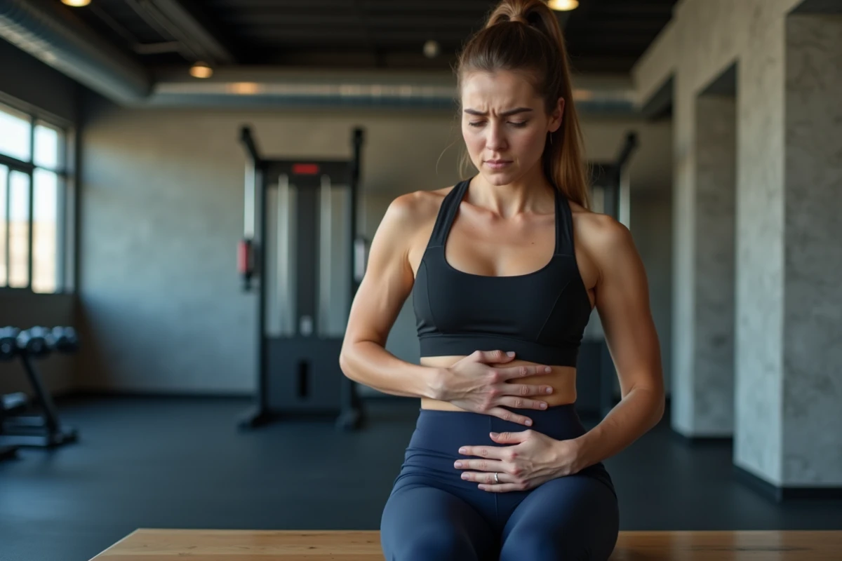 Femme assise sur un banc de salle de sport avec douleur au côté droit de l'abdomen après l'exercice