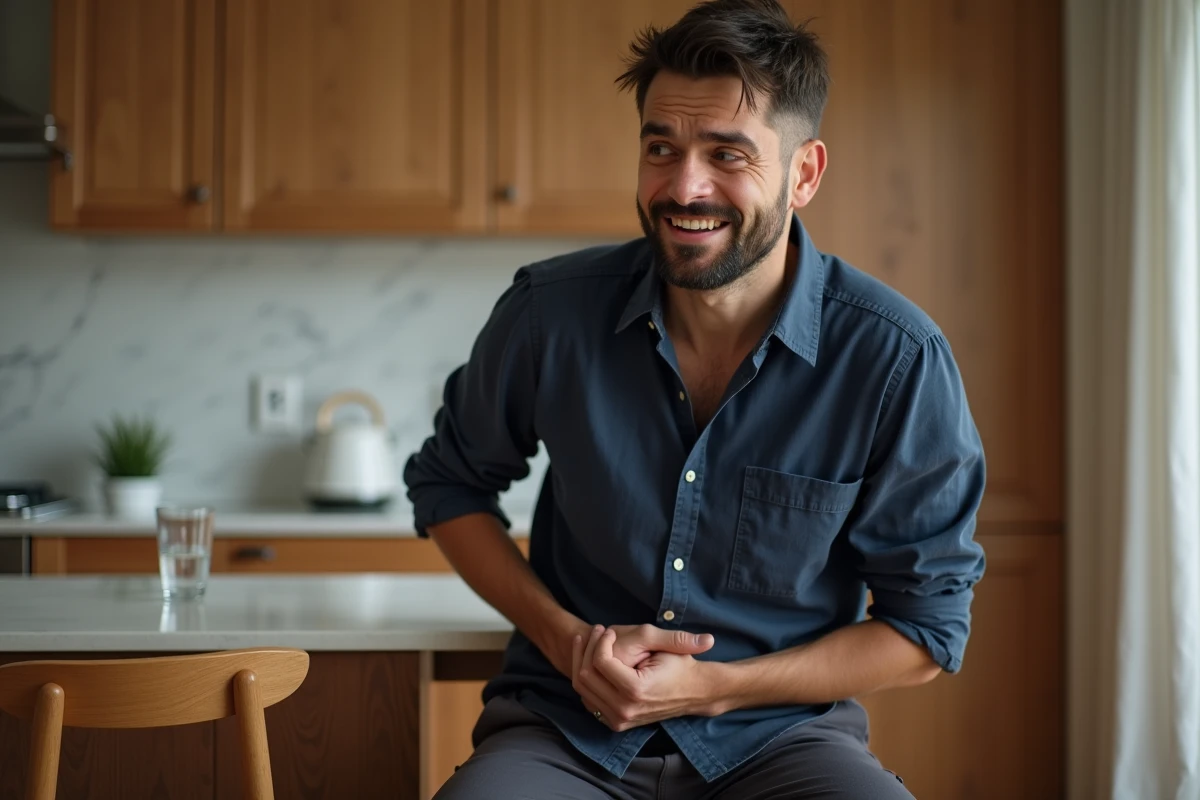 Homme assis en cuisine pressant la main droite sous ses côtes avec une expression de douleur abdominale