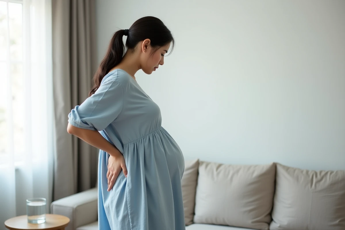 Femme enceinte de profil tenant sa main dans le bas du dos en raison d'une douleur au coccyx pendant la grossesse