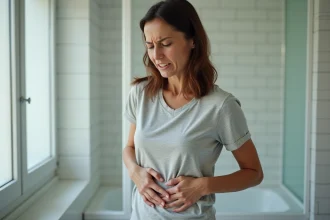 Femme adulte tenant son côté droit sous les côtes avec une expression de douleur dans une salle de bain moderne