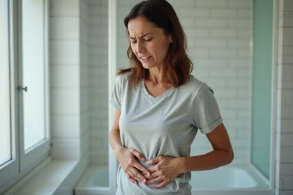 Femme adulte tenant son côté droit sous les côtes avec une expression de douleur dans une salle de bain moderne