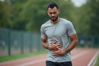 Homme tenant son côté droit du ventre après un effort de course, douleur abdominale latérale droite visible
