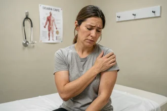 Femme examinant une douleur sous l'aisselle lors d'une consultation médicale