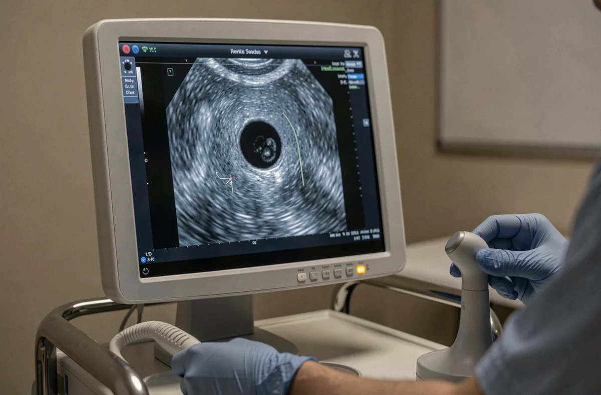 Écran d'échographie montrant un sac gestationnel à 5 semaines d'aménorrhée avec mesures caliper