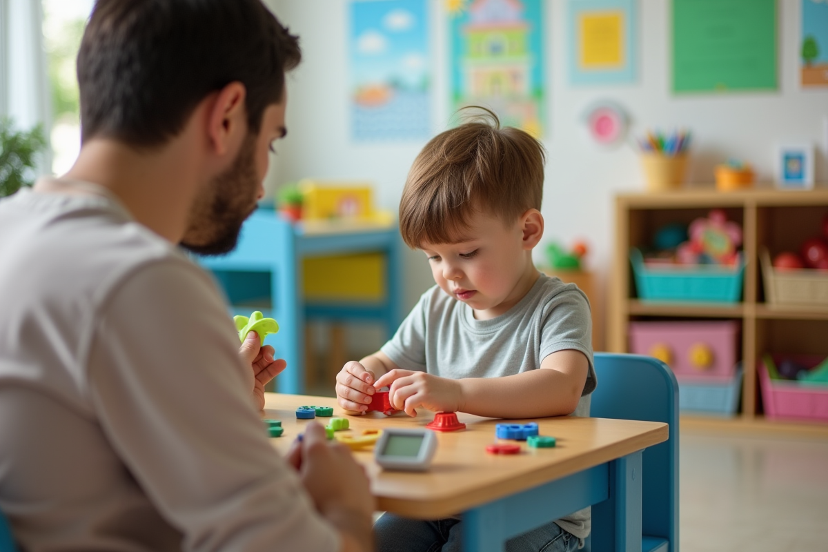 Jeune garçon en activité motrice sous la supervision d