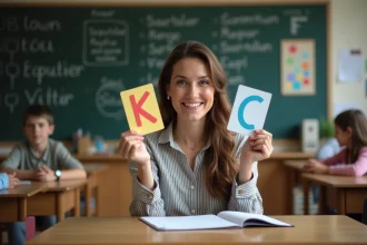 Professeure avec cartes K et C en classe chaleureuse