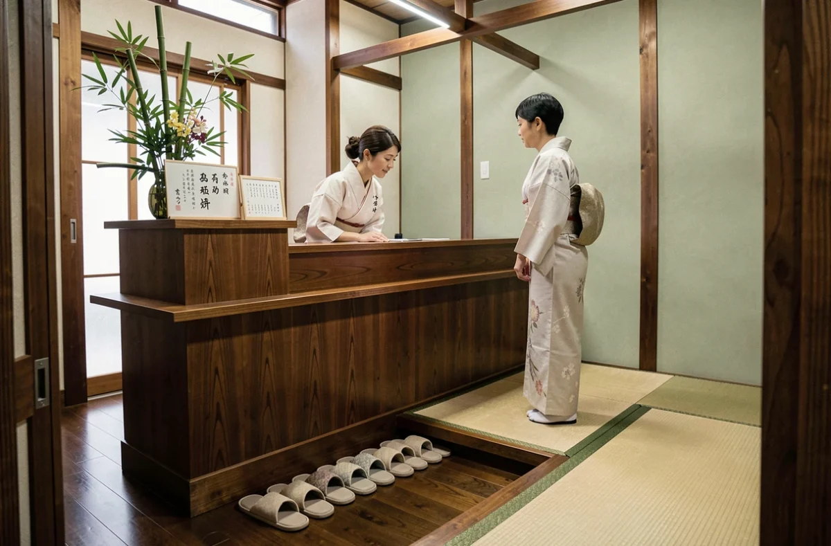 Entrée d'un vrai salon de massage japonais avec accueil traditionnel et décoration authentique en tatami et bois