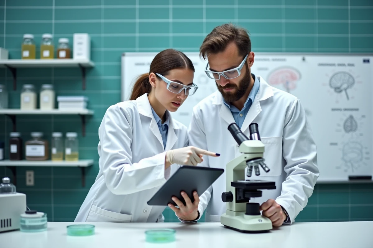 Deux scientifiques collaborant sur des échantillons au microscope dans un laboratoire de recherche sur le cerveau et la neurogenèse