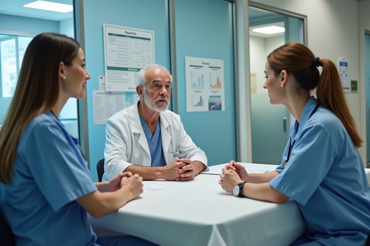 Médeciennes discutant avec un patient en réunion médicale