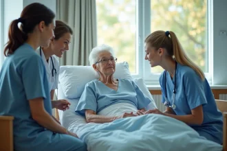 Equipe soignante entourant une patiente agee en hospital
