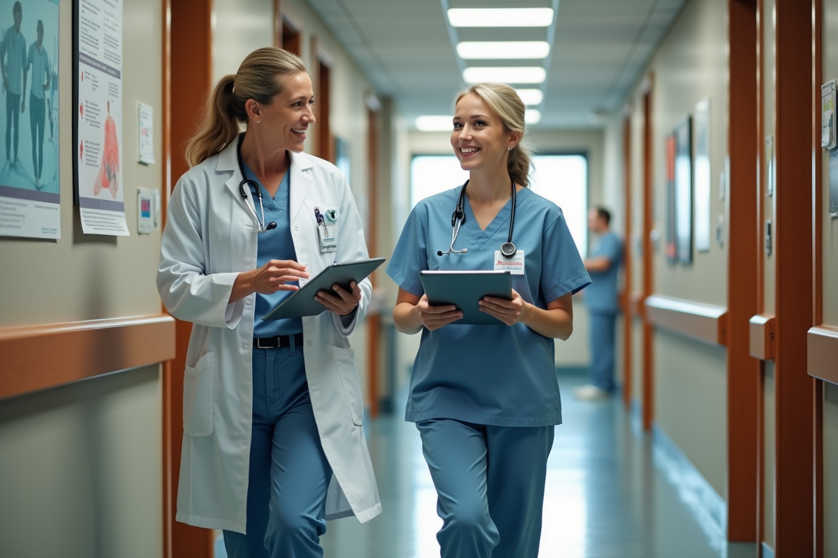 Equipe multidisciplinaire dans un couloir de clinique