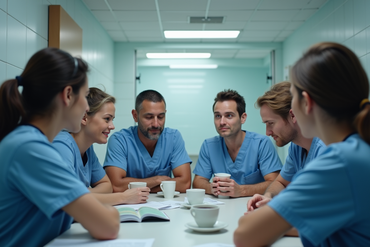 Equipe médicale réunie dans la salle de repos hospitalière