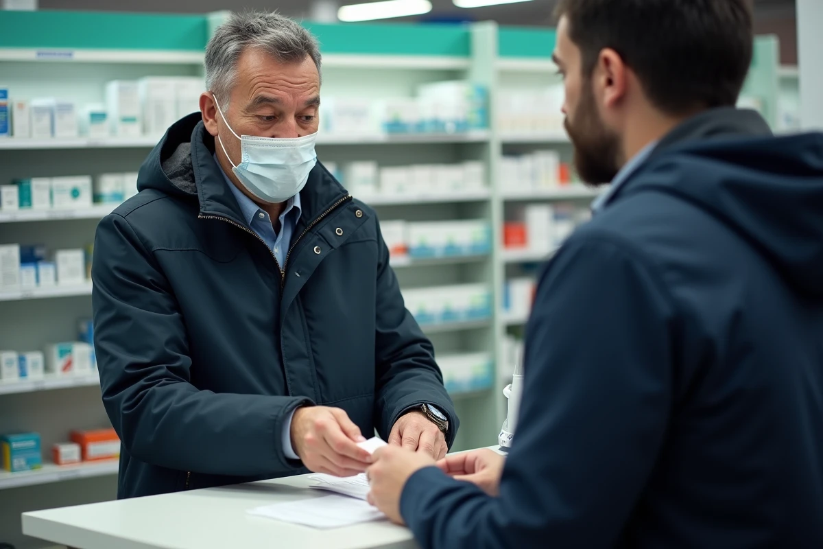 Homme portant mal son masque en pharmacie pendant la durée d'incubation de la grippe, erreur fréquente de protection
