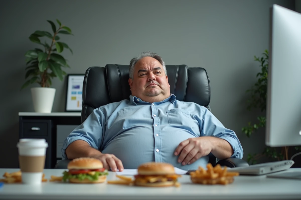 Homme au bureau souffrant d'inconfort digestif après une mauvaise alimentation, lien entre habitudes alimentaires et palpitations cardiaques