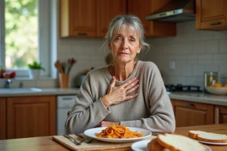 Femme d'âge moyen portant la main à la poitrine après un repas copieux, illustrant les extrasystoles liées à l'alimentation
