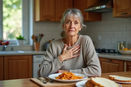 Femme d'âge moyen portant la main à la poitrine après un repas copieux, illustrant les extrasystoles liées à l'alimentation
