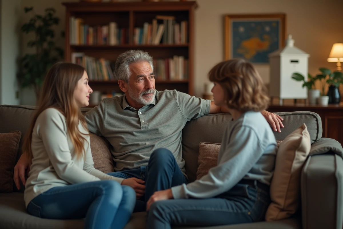 Famille en conversation dans un salon chaleureux
