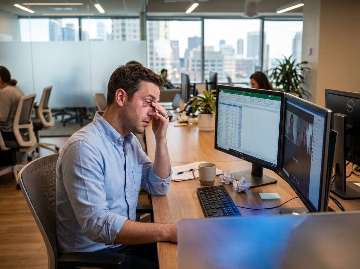 Homme en bureau moderne se frottant les yeux devant ses écrans d'ordinateur, illustrant la fatigue visuelle au travail