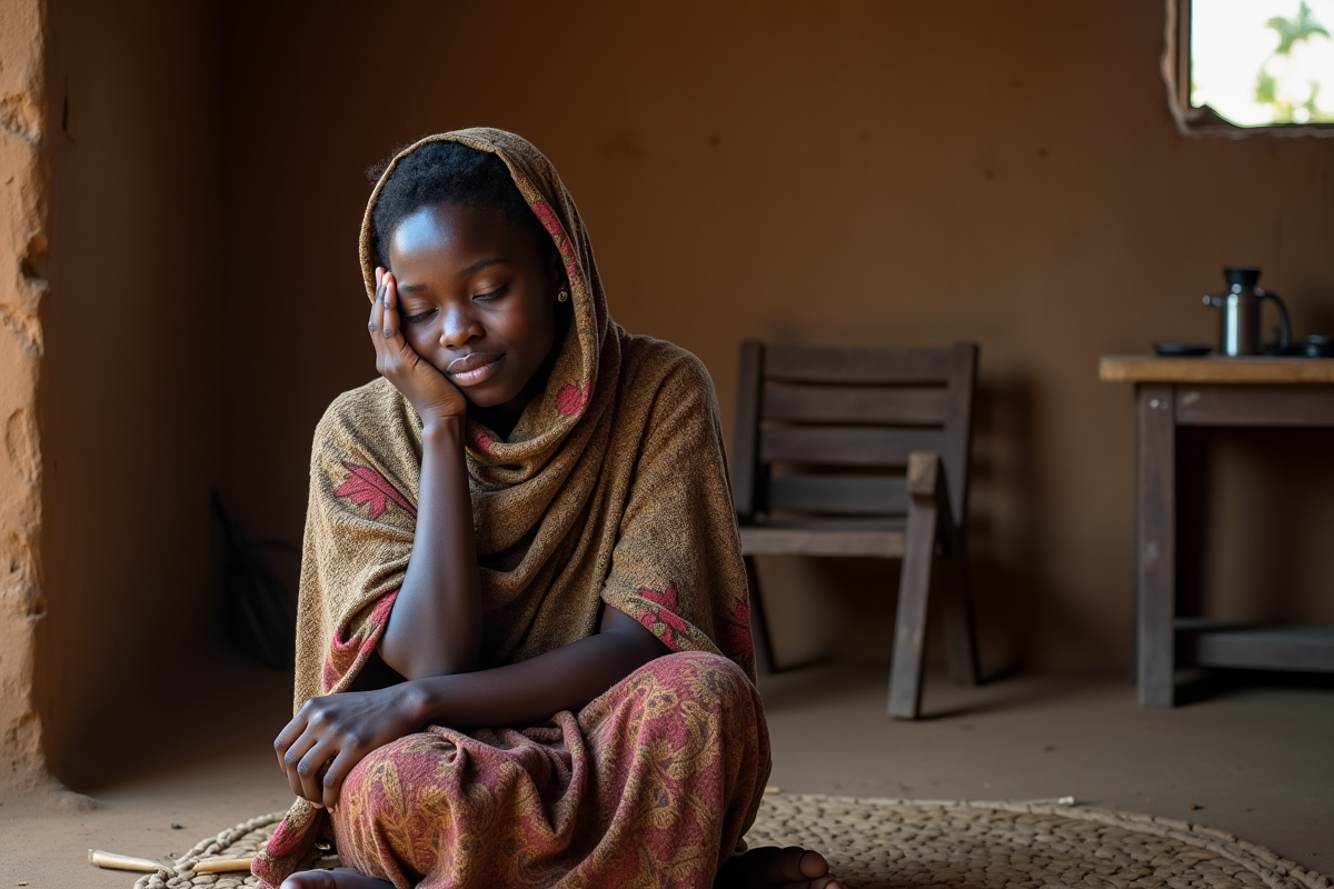 Jeune femme africaine endormie dans une maison rurale