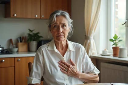 Femme âgée de plus de 65 ans touchant son côté douloureux dans une cuisine, illustrant les premiers symptômes du zona