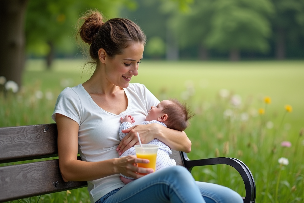 Femme allaitant son bébé sur un banc dans un parc verdoyant