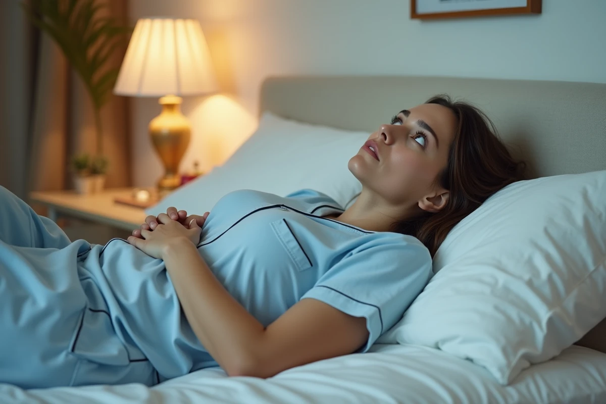 Femme allongée sur son lit en pyjama, regard perdu vers le plafond, illustrant le stress et le retard de règles sans grossesse