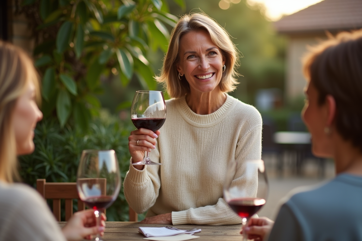 Femme souriante avec verre de vin dans le jardin