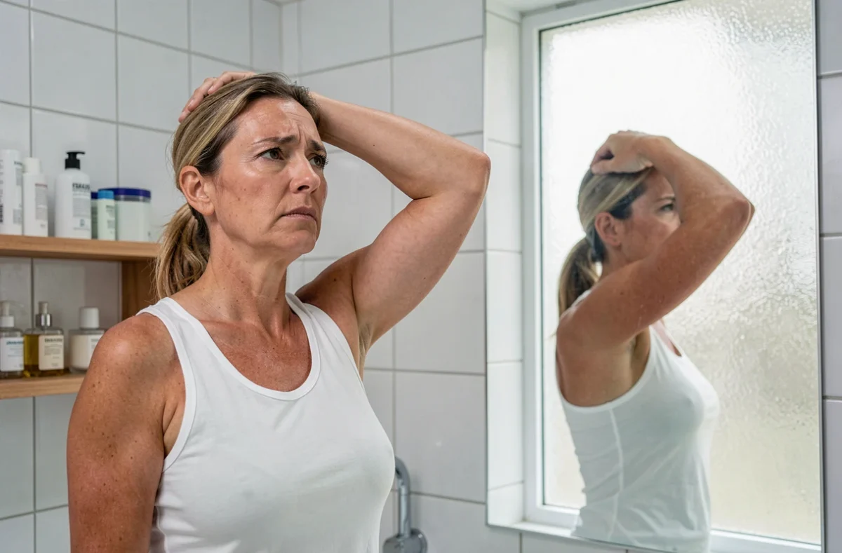 Femme examinant seule une douleur sous l'aisselle dans une salle de bain moderne