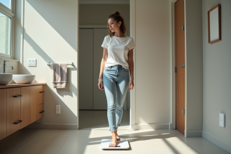 Femme en jeans se pesant dans une salle de bain moderne