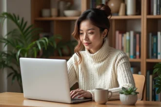 Femme consultant un magazine bien-être en ligne sur son ordinateur portable dans un bureau cosy à domicile