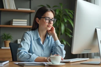 Femme d'âge moyen dans un bureau à domicile en train de s'étirer