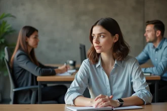 Femme au bureau en réflexion dans un espace moderne
