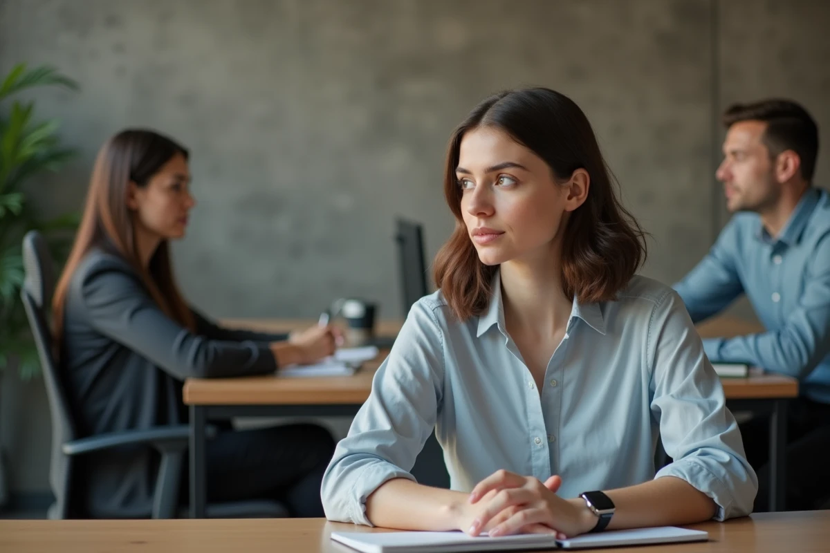 Femme au bureau en réflexion dans un espace moderne