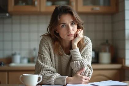 Femme pr&eacute;occup&eacute;e dans sa cuisine avec mug et papiers