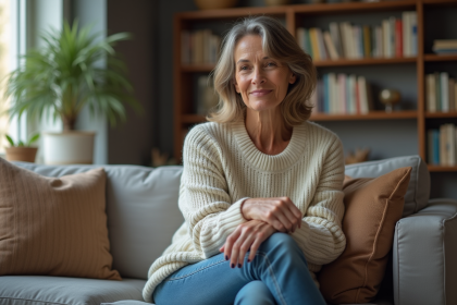 Femme assise sur un canapé dans un salon calme