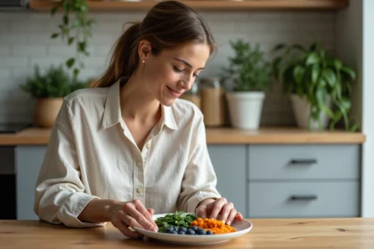 Femme assise &agrave; la cuisine arrangeant des aliments antiinflammatoires