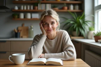 Femme pensant à la cuisine avec journal et tisane