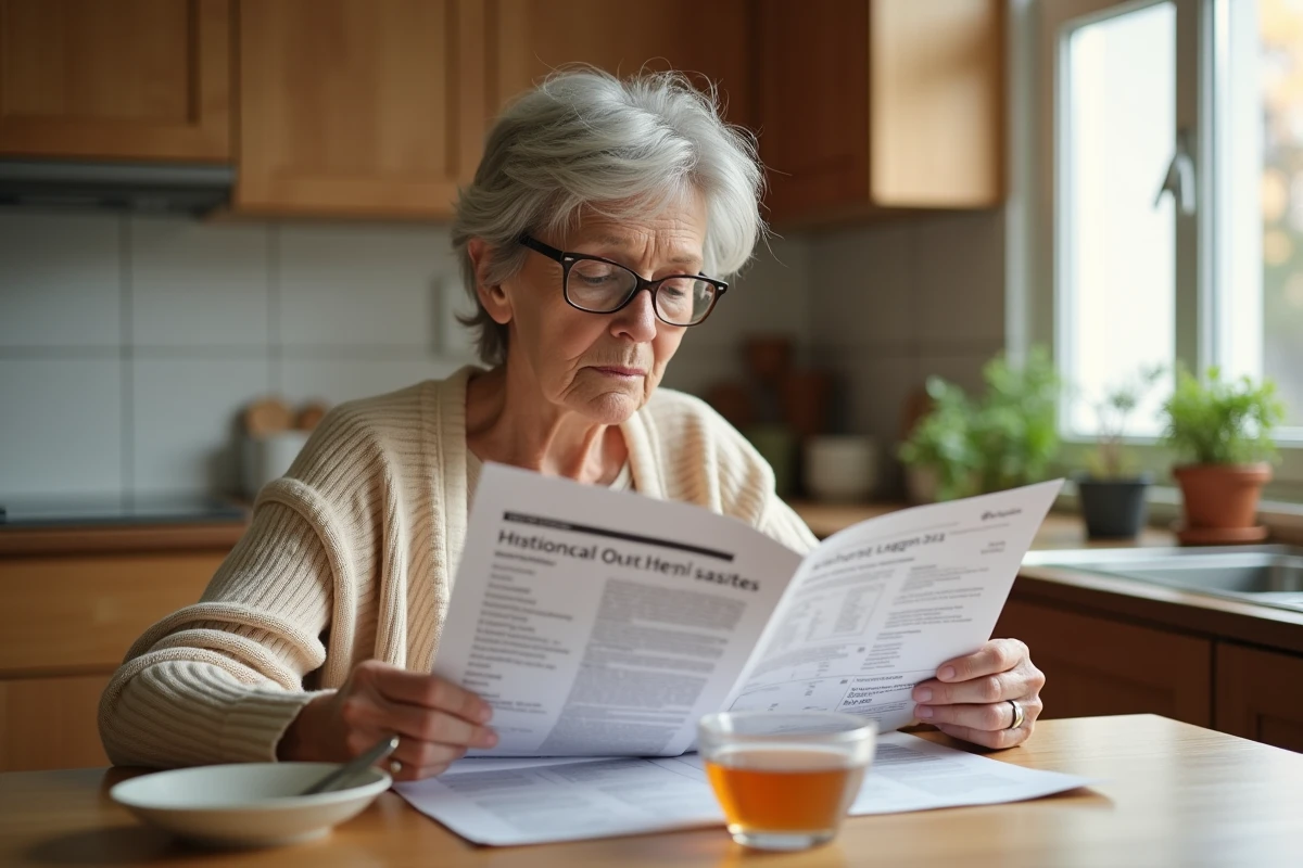 Femme diabétique en fin de cinquantaine consultant un guide alimentaire médical avant une coloscopie, avec un bouillon clair et un verre d'eau sur la table