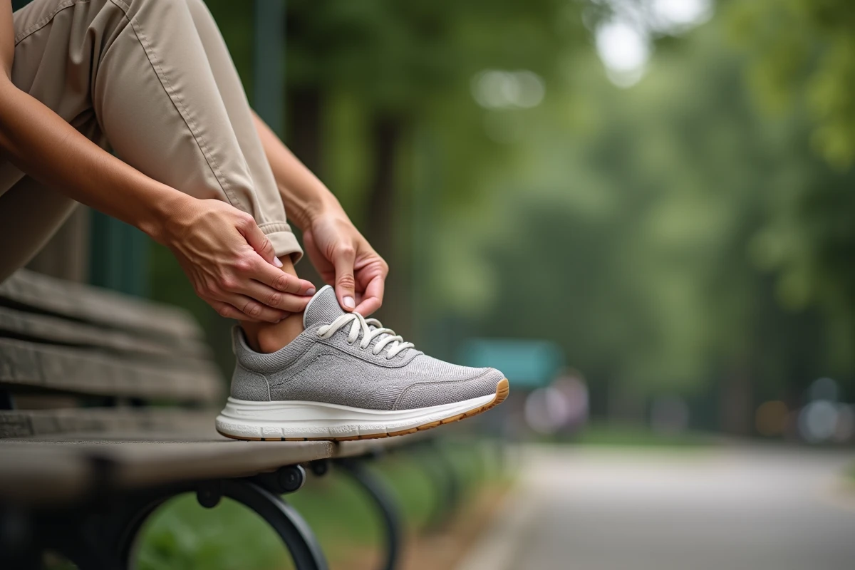 Femme d'âge moyen assise sur un banc tenant la face extérieure de son pied douloureux, illustrant la douleur latérale du pied liée au surpoids