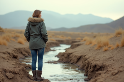 Femme en veste imperm&eacute;able sur sol sec et fissuree