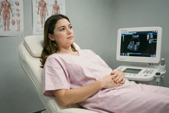 Femme enceinte à 5 semaines d'aménorrhée allongée sur une table d'échographie dans un cabinet médical moderne