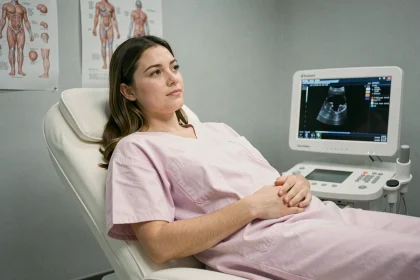 Femme enceinte à 5 semaines d'aménorrhée allongée sur une table d'échographie dans un cabinet médical moderne